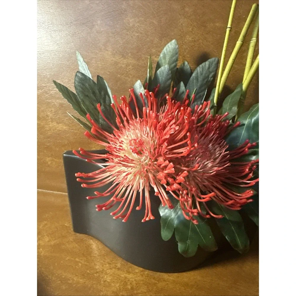 Protea Asian Inspired Tropical silk flowers Red/Orange Artificial in Black Plant
